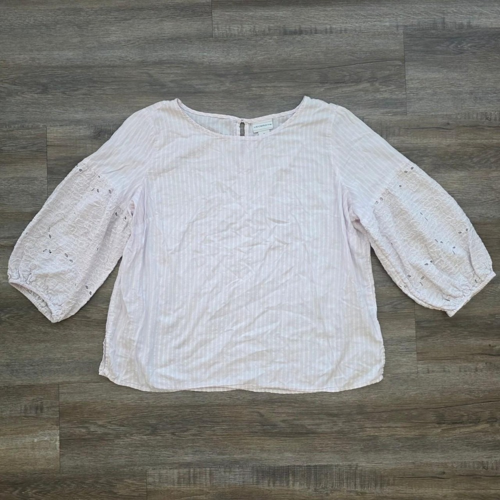 Liz Claiborne Pink Striped Eyelet Sleeve Blouse Top XL Cotton Boho Cottagecore